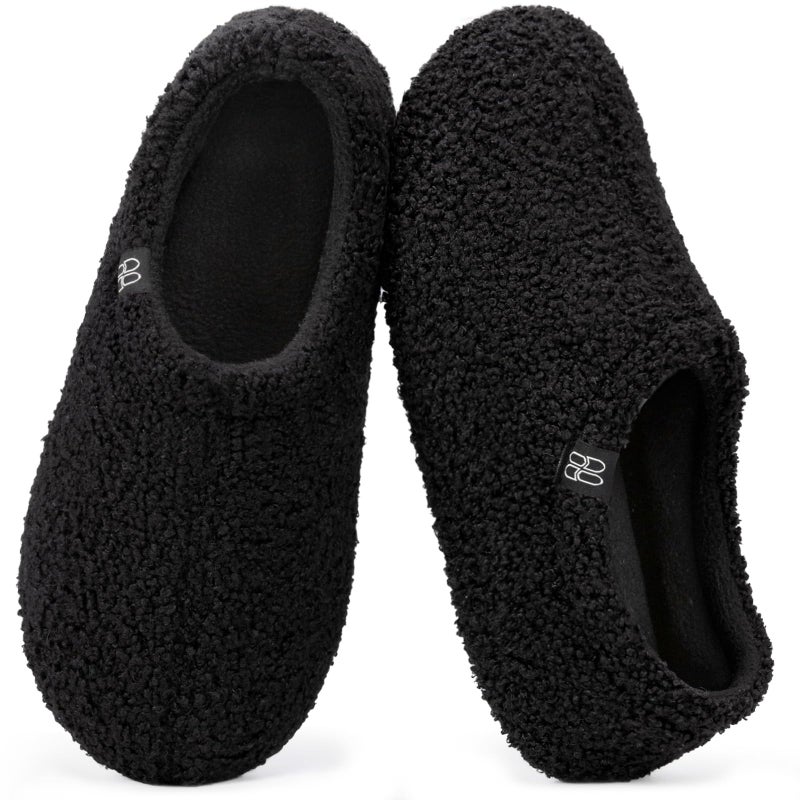 HomeTop Women's Fuzzy Curly Fur Memory Foam Loafer Slippers Bedroom House Shoes with Polar Fleece Lining (5-6, Black) - Image 1